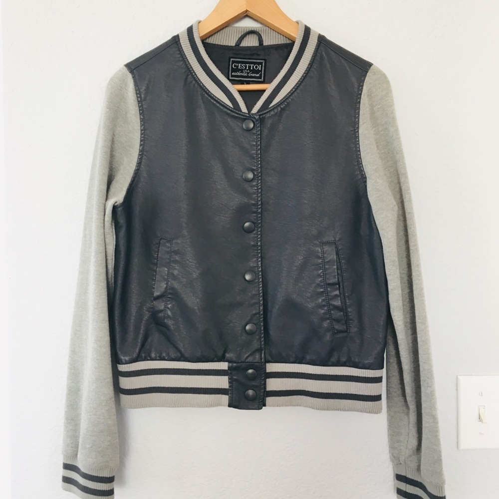 Super cute leather varsity jacket !!
